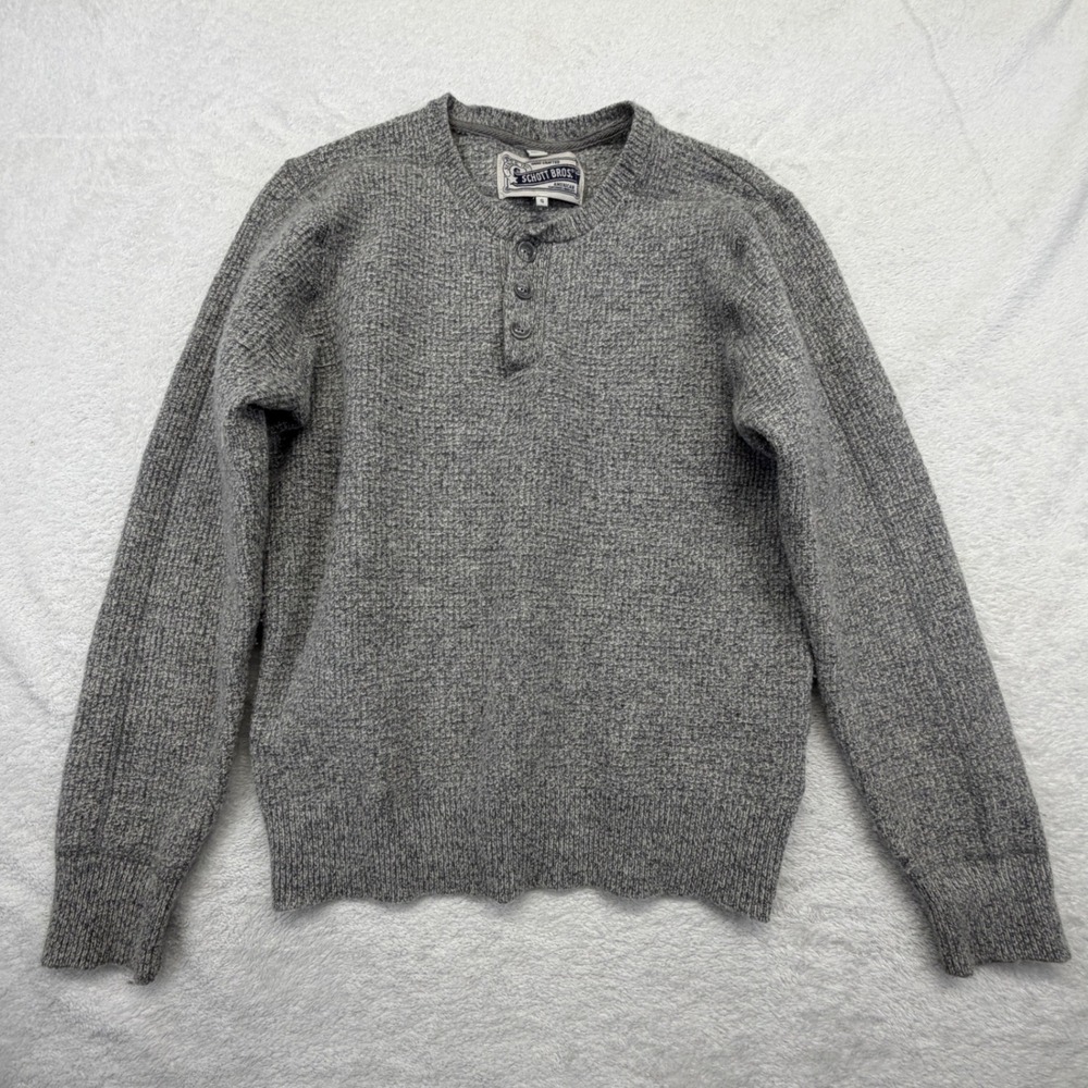 Schott Bros Henley Sweater Mens S Gray Wool Blend Waffle Knit Long Sleeve